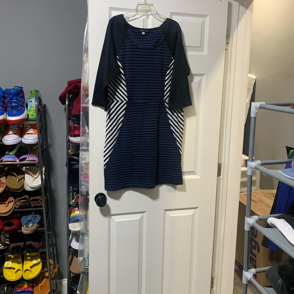 Blue, black and white striped mini dress